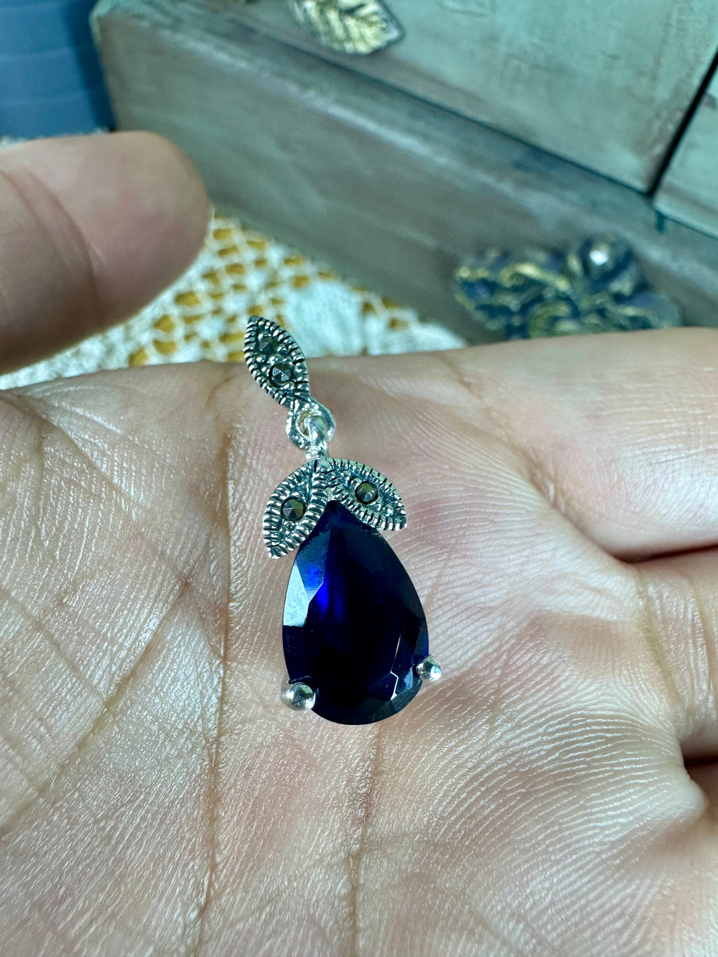 Blue Sapphire Vintage Pendant Genuine Sterling Silver