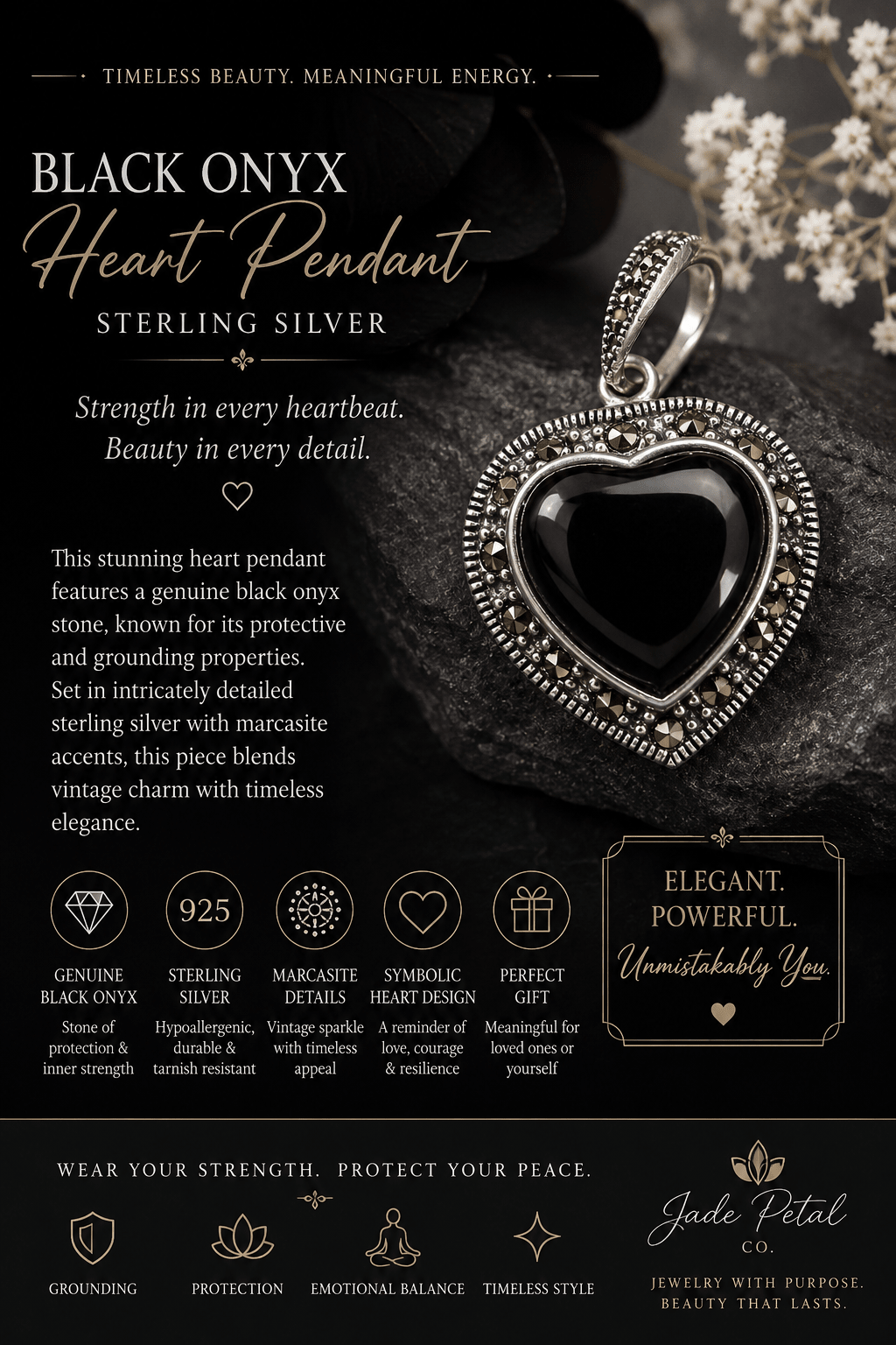 Black Onyx Heart Pendant Sterling Silver