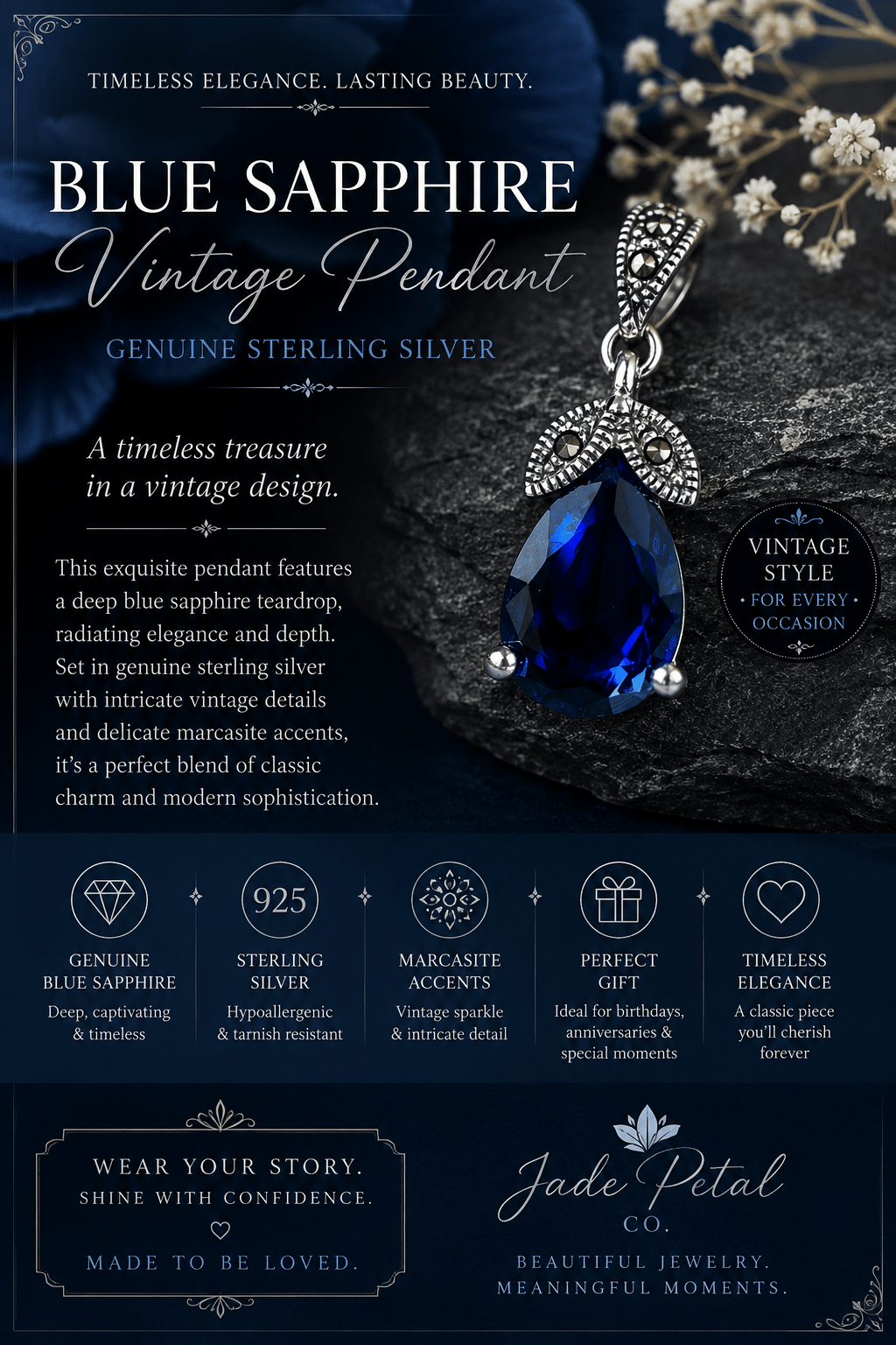 Blue Sapphire Vintage Pendant Genuine Sterling Silver