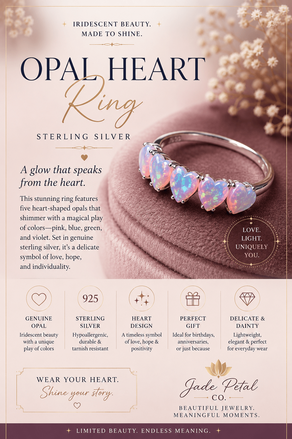 Opal Heart Ring in Genuine Sterling Silver Size 6