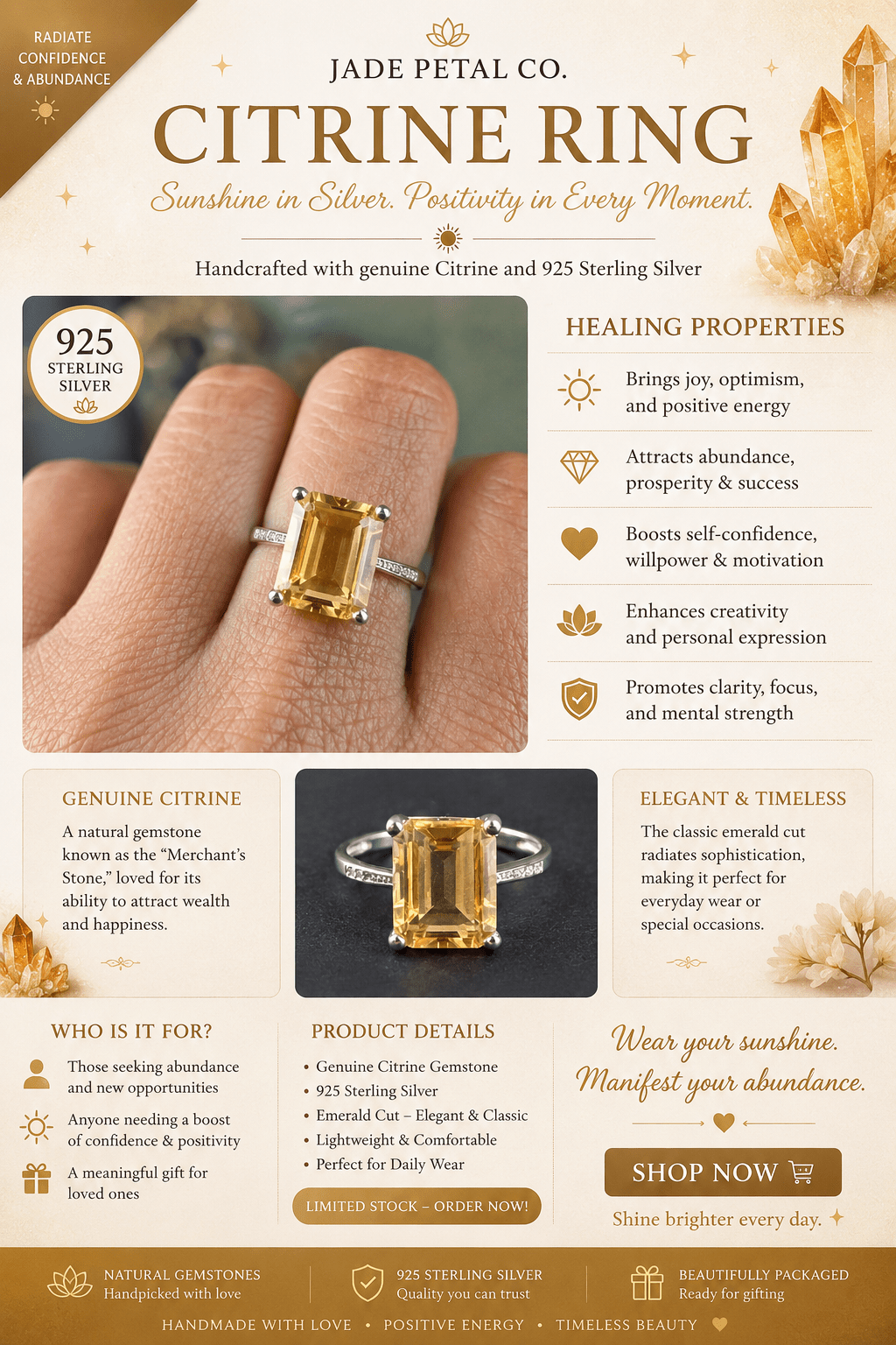 Genuine Citrine Ring in Sterling Silver Size 6