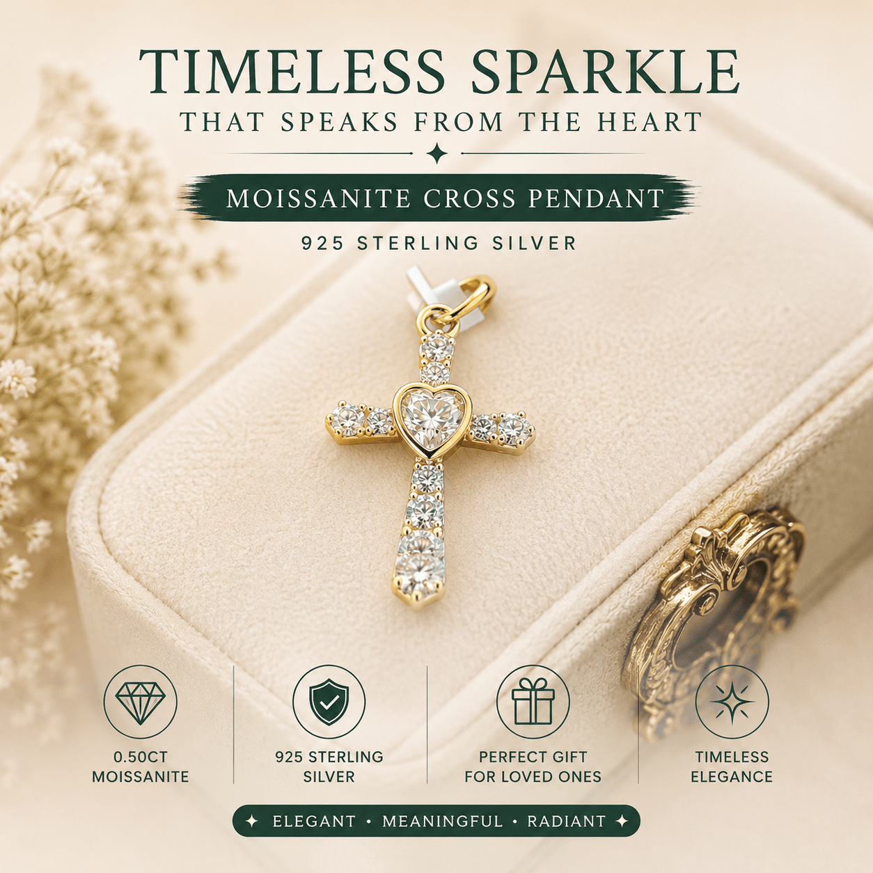 Gold over Sterling Silver Cross Moissanite Pendant