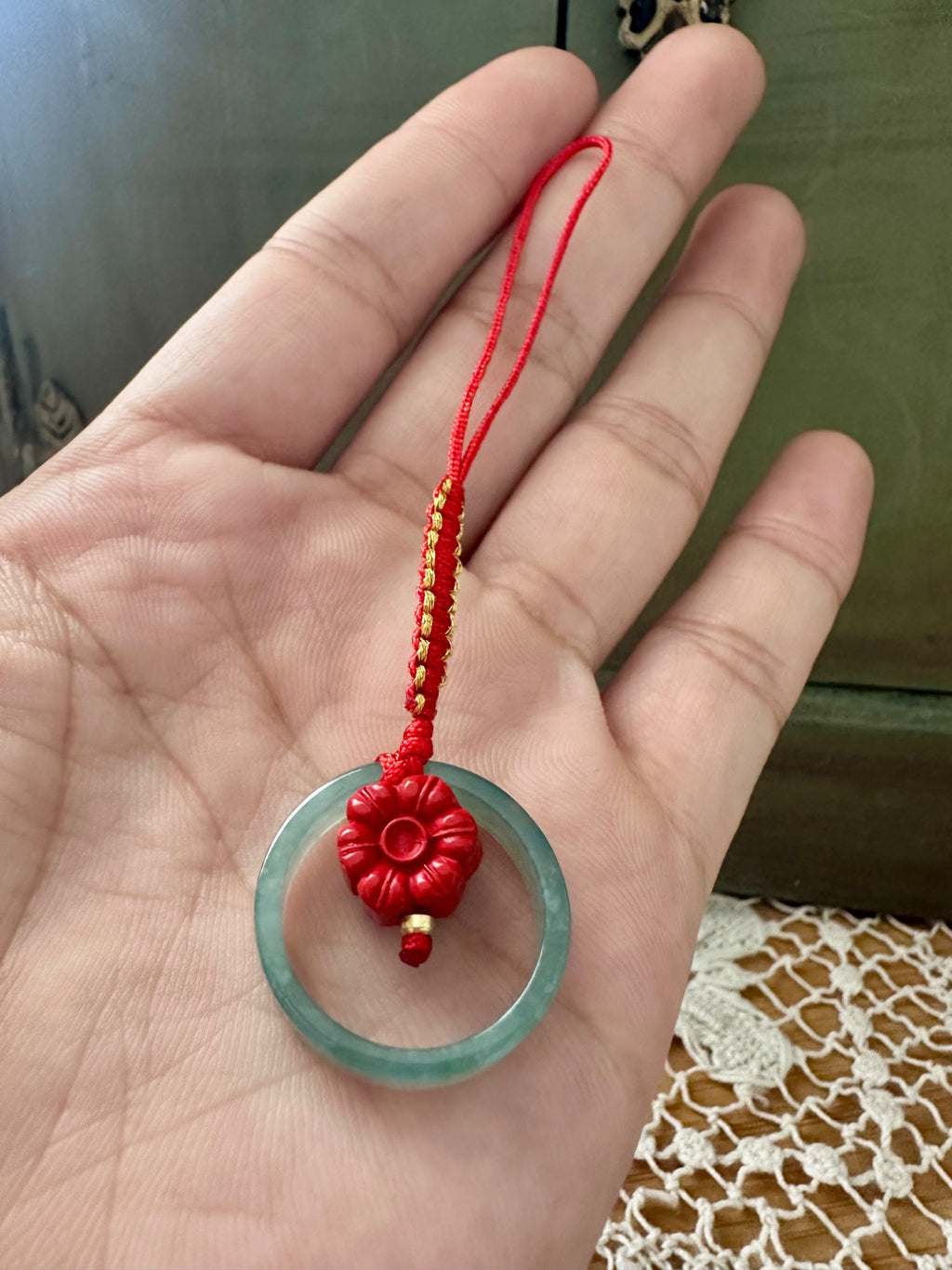 Blue Water Jade Ring Phone Charm w/ Real Cinnabar Flower Charm
