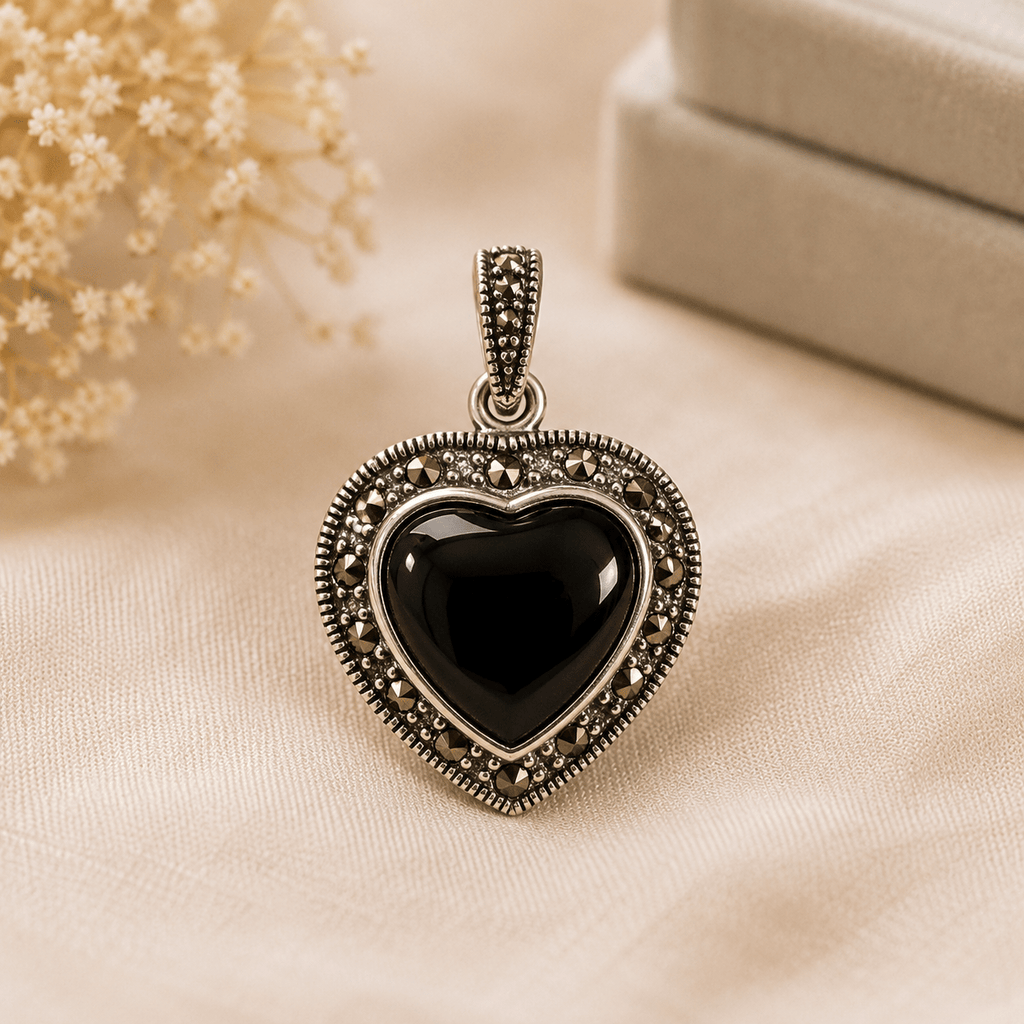 Black Onyx Heart Pendant Sterling Silver