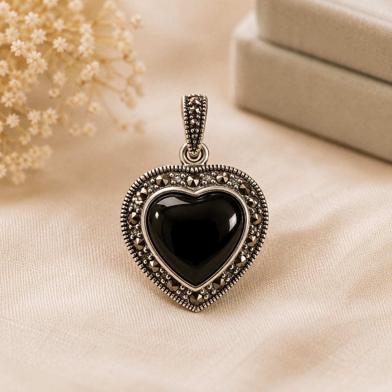 Black Onyx Heart Pendant Sterling Silver