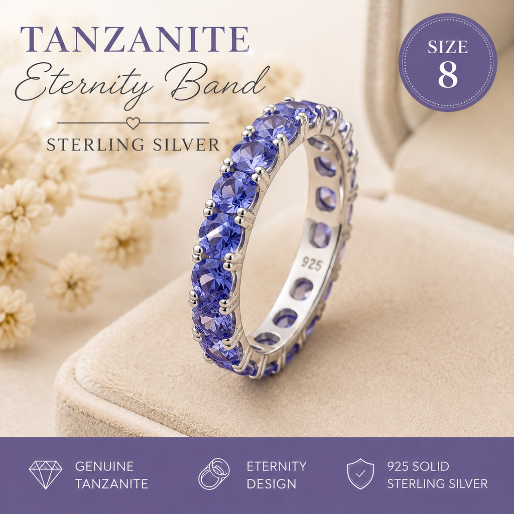 Tanzanite in Solid Sterling Silver S925 Eternity Band Ring Size 8